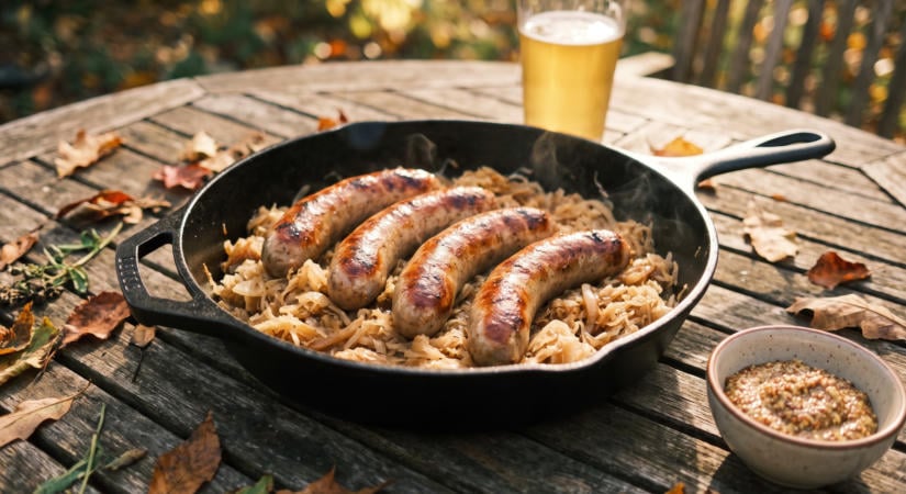 Sörben párolt grillkolbász hagymával és savanyú káposztával