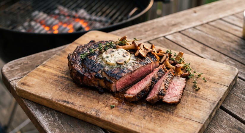 Grillezett rib eye steak erdei gombás vajjal