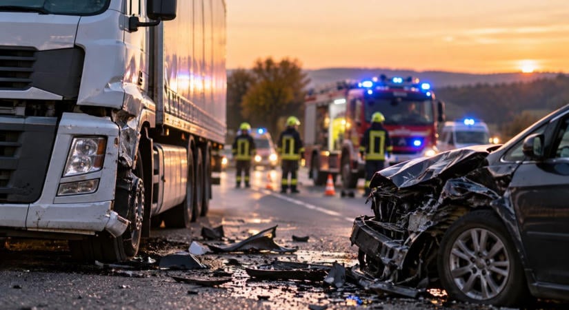 Durva baleset a 67-es úton: kamion és személyautó ütközött