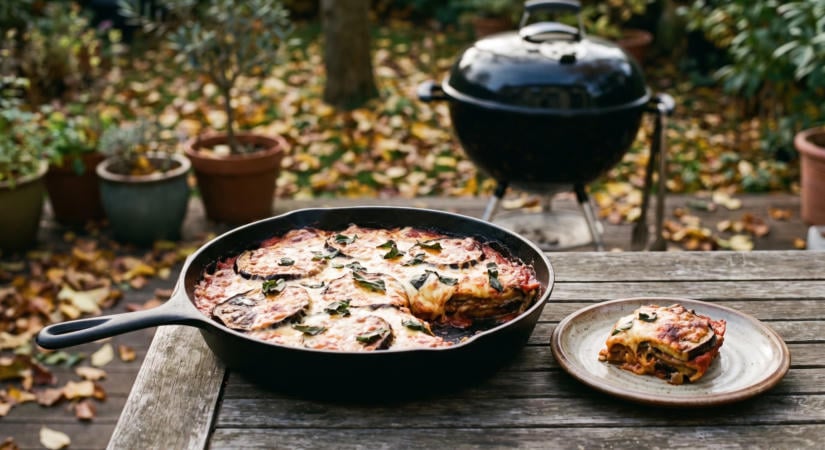 Rakott padlizsán mozzarellával öntöttvas edényben a grillen