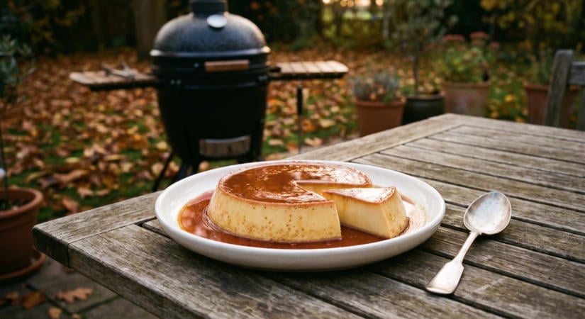 Krémkaramell a kamado grillben, vízfürdőben sütve