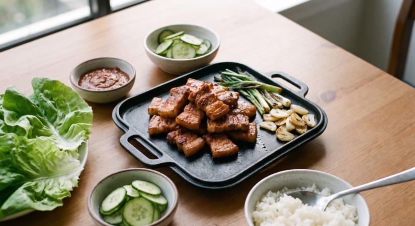Grillezett sertéshas koreai módra, salátalevélben