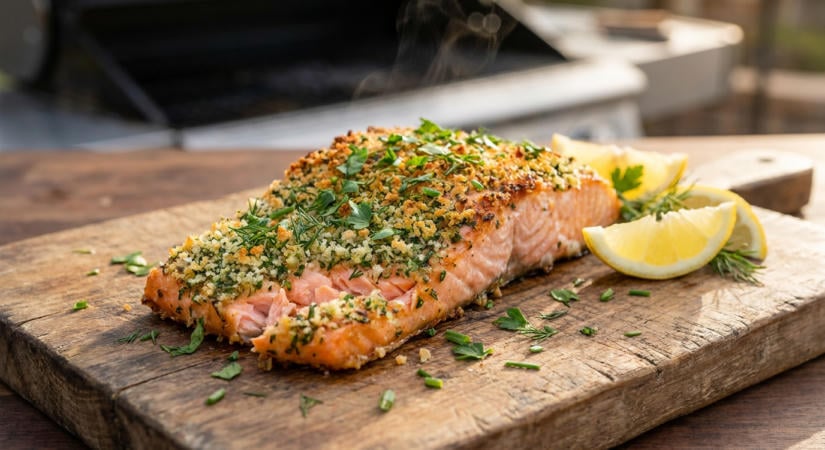 Fűszeres kérgű lazac grillen - ropogós zöldfűszeres réteg, omlós hal