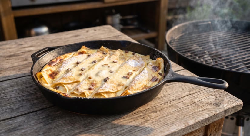 Túrós-mazsolás palacsinta öntöttvas serpenyőben a grillen