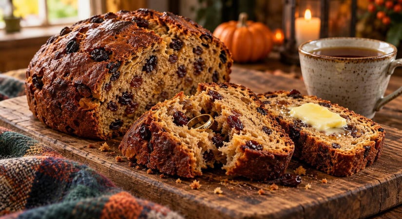 Barmbrack, az ír halloweeni kalács, amibe gyűrűt sütnek, és jóslatot rejt