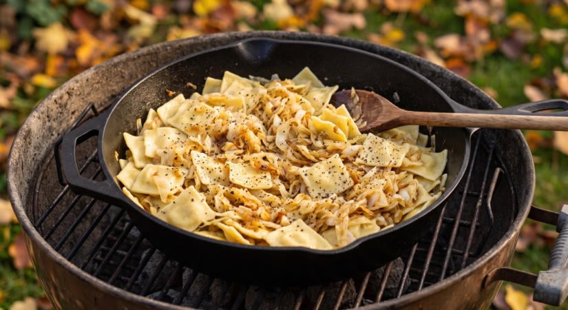 Káposztás tészta öntöttvas serpenyőben a grillen