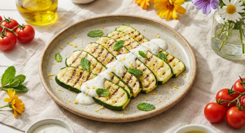 Grillezett cukkini fokhagymás-joghurtos öntettel - a nyárvégi kert legkönnyebb köret
