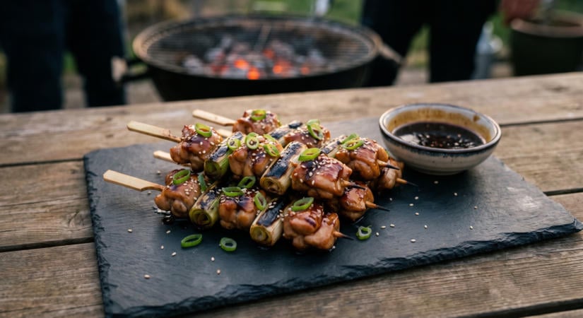 Yakitori csirkenyárs póréhagymával a grillen