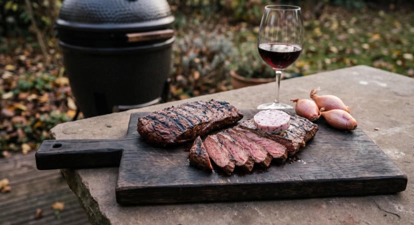 Flat iron steak a grillen vörösboros salottás vajjal