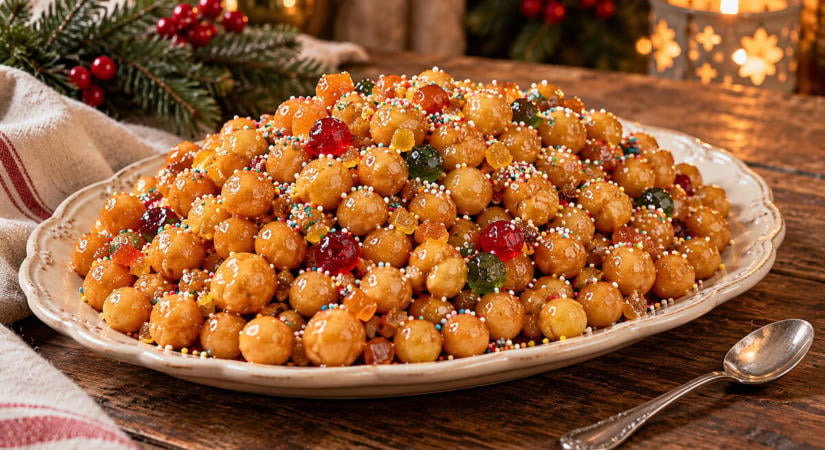 A nápolyi struffoli recept, mézbe forgatott apró fánkocskák karácsonyra