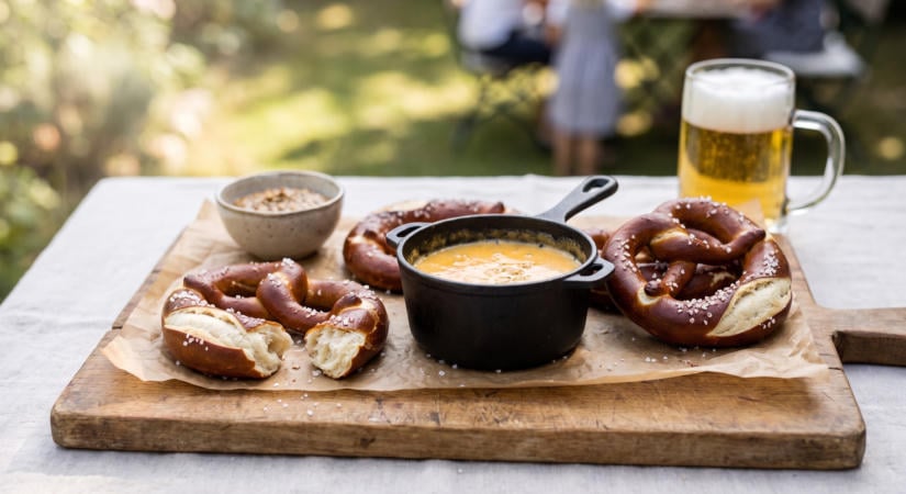 Házi sós perec a grillen sörös sajtmártással