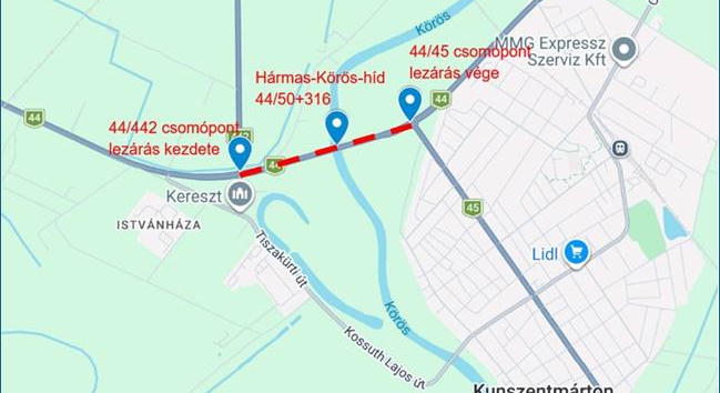 Időszakos teljes útzár lesz a kunszentmártoni Hármas-Körös-hídon