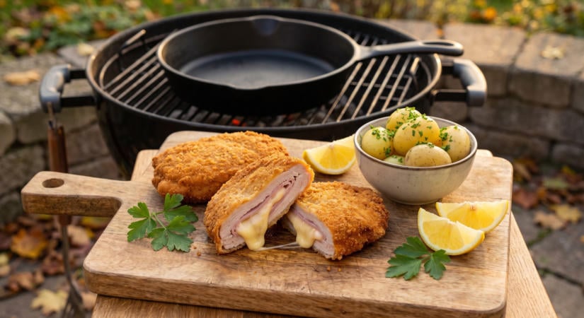 Sertés cordon bleu öntöttvas serpenyőben a grillen