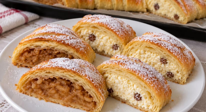 Almás és túrós kígyórétes puha, omlós tésztából, kétféle finom töltelékkel