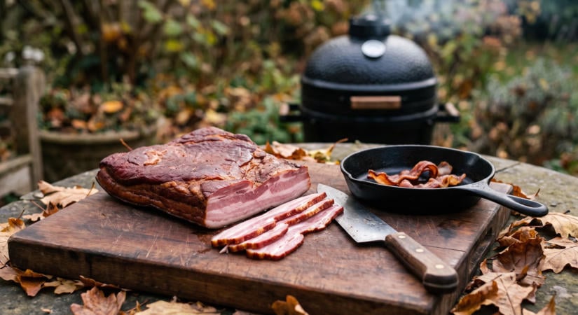 Házi füstölt bacon sertéshasból a grillben