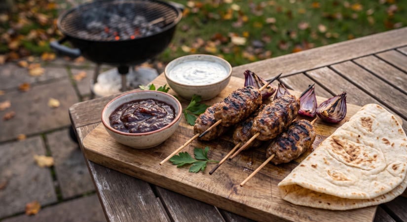 Fűszeres sertés köfte nyárson szilvás chutney-val