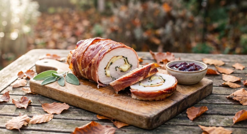 Töltött pulykamell brie sajttal, almával és zsályával