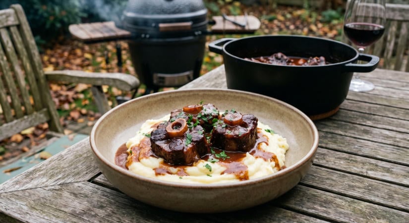 Füstölt ökörfarok vörösborban párolva a grillen