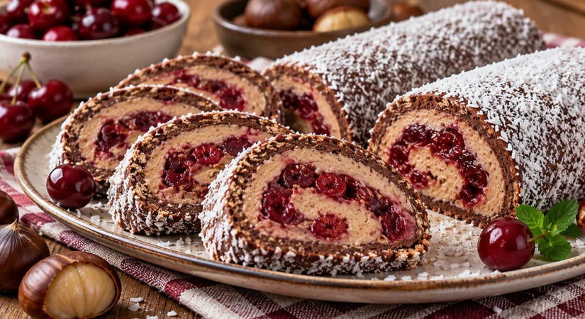 Sütés nélküli gesztenyés-meggyes keksztekercs, néhány óra hűtés után szeletelhető