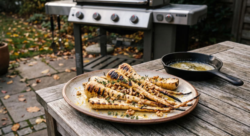 Grillezett petrezselyemgyökér mézzel és kakukkfűvel