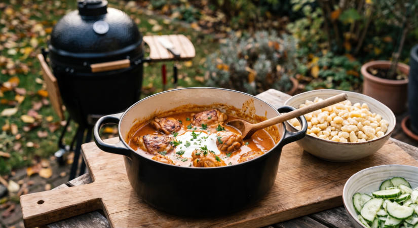 Paprikás csirke a grillen öntöttvas lábasban