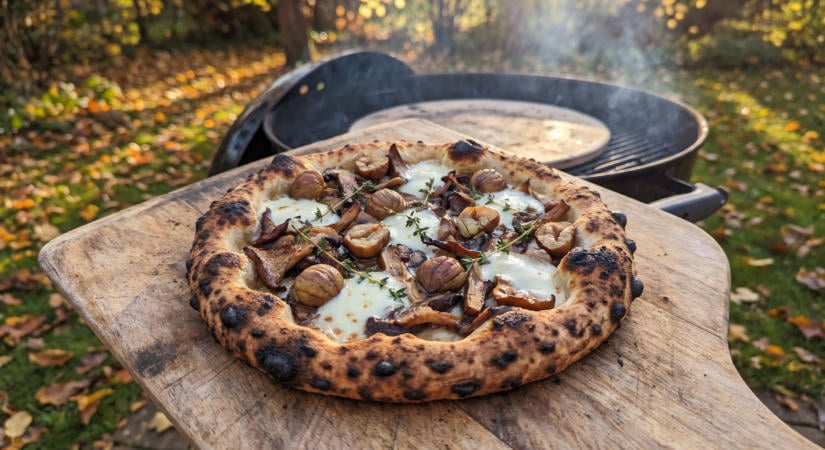 Grillezett gombás-gesztenyés pizza