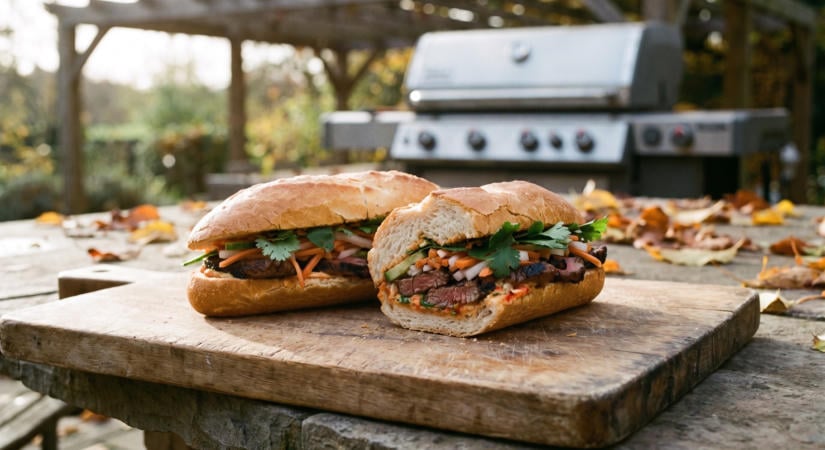 Grillezett steakes bánh mì savanyított répával és csilis majonézzel